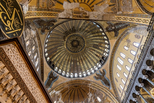 Istanbul, Turkey - April 29, 2022 - inside the Hagia Sophia Mosque.