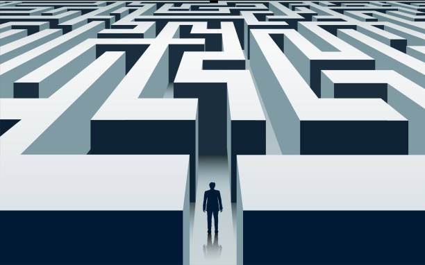 Businessman stands in front of a labyrinth. Businessman stands in front of a labyrinth. Problem solving and business opportunities. Vector illustration lost stock illustrations