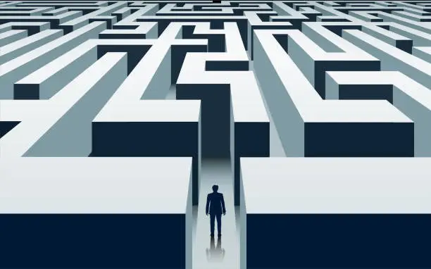 Vector illustration of Businessman stands in front of a labyrinth.