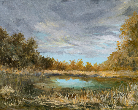 Oil painting of a warm day rural summer landscape in Danube Delta. Trees, reeds, and sky are reflected in the water.