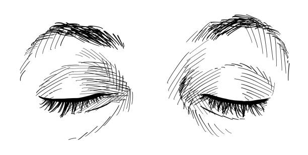 ilustraciones, imágenes clip art, dibujos animados e iconos de stock de primer plano de los ojos femeninos mirando hacia abajo. concepto de lenguaje ocular, comunicación no verbal. ilustración vectorial en blanco y negro sobre fondo blanco. - non verbal communication