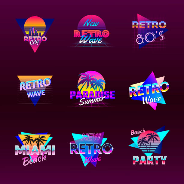 ilustrações de stock, clip art, desenhos animados e ícones de retro wave badges. cyberpunk california electro synth wave style logo. recent vector retro templates with place for text - tropical music