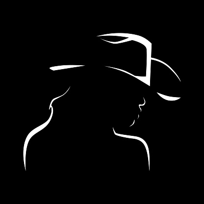 Pretty cowgirl side view portrait white symbol on black backdrop. Design element