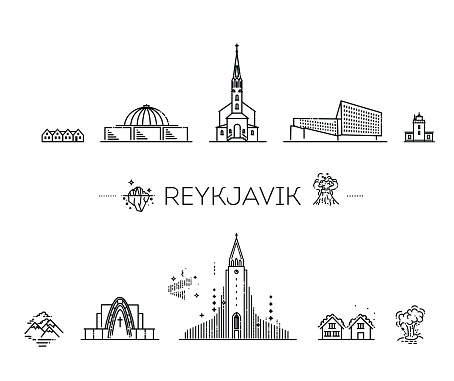Reykjavik architecture line skyline illustration. Linear vector cityscape with famous landmarks