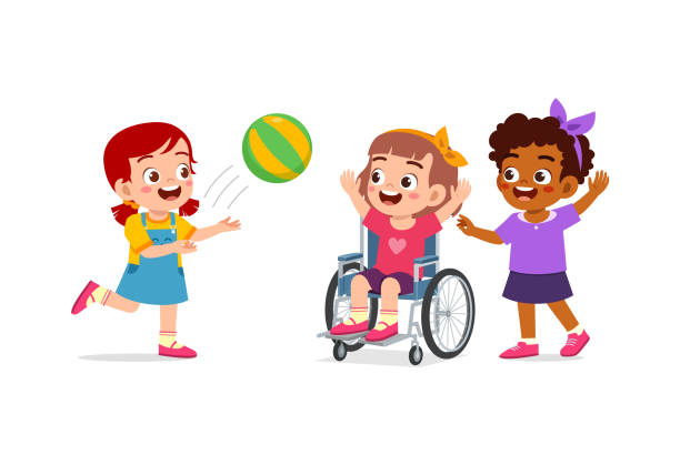 車椅子の小さな子供は友人とボール遊び - on wheels点のイラスト素材／クリップアート素材／マンガ素材／アイコン素材