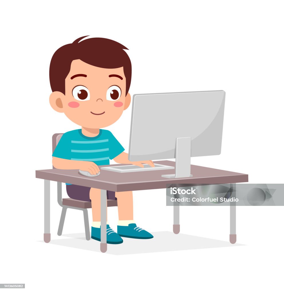 Child Using Computer Outline Cute Little Kid Use Computer To Study Internet Stock Illustration ...