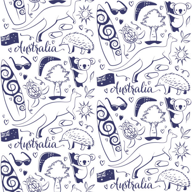 ilustraciones, imágenes clip art, dibujos animados e iconos de stock de patrón monocromo sin costuras con símbolos australianos - australian culture illustrations