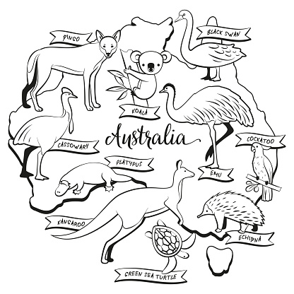 Animals and birds of Australia on a map lineart coloring page.