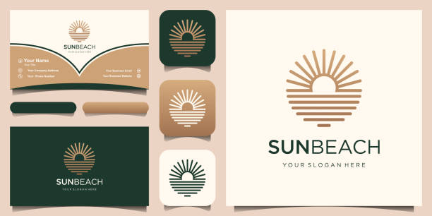ilustraciones, imágenes clip art, dibujos animados e iconos de stock de plantilla de diseño de logotipo de ocean sun wave y diseño de tarjeta de visita - lugar turístico
