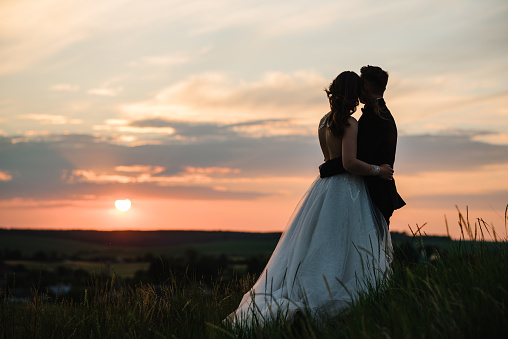 Silhouette of a wedding couple enjoying romantic moments at sunset. Bride and groom in field with sunlight. Newlyweds in nature location. Man and woman walking on meadow on top of mountain. Back view.