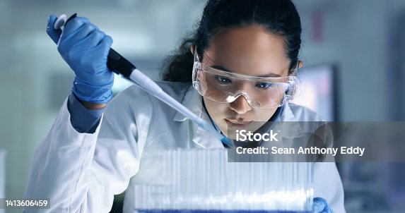 istock Research, experiment and medical trial being done by a scientist in a lab, science facility or hospital. One young, serious and professional researcher organizing, sorting or making a discovery 1413606459