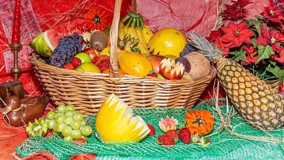 Quince basket in front of the old blue door