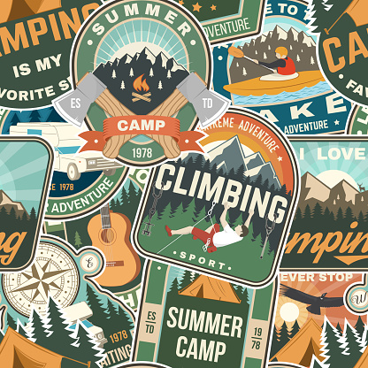 Summer camp colorful seamless pattern with travel inspirational quotes. Vector. Background, wallpaper, seamless pattern with compass, guitar, camping climber, tent, mountain and forest silhouette