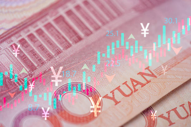 sterta banknotów yuan z wykresem giełdowym i symbolem yuan do wymiany walut i koncepcji transferu pieniędzy. - kuai zdjęcia i obrazy z banku zdjęć