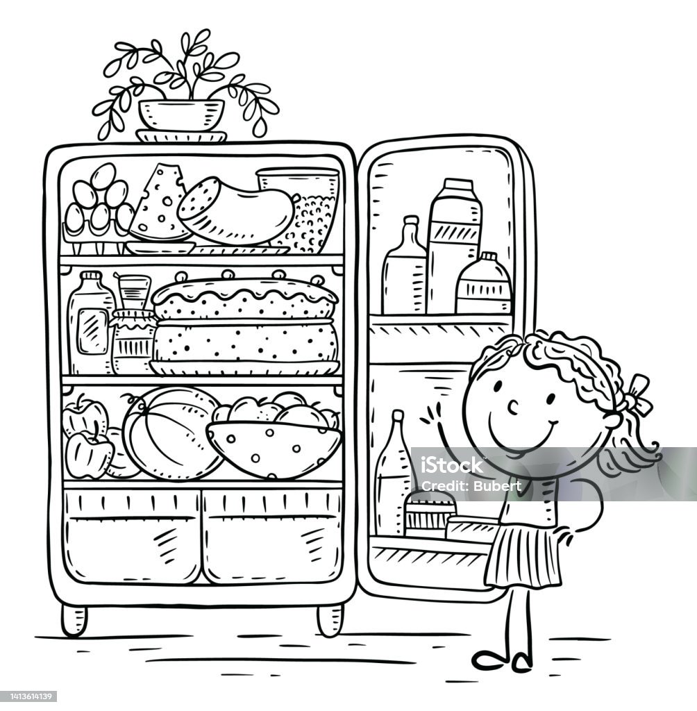 Line Drawing Of A Cartoon Kid And Fridge With Food Healthy Eating Or  Cooking Concept Drawing Clipart Stock Illustration - Download Image Now -  iStock