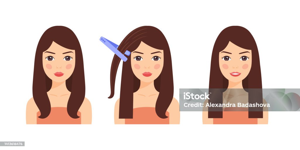 Brunette Woman And Hair Straightener Before And After Steps Beautiful Straight Hair Happy Young Lady Doing Her Hair Color Cartoon Style White Background Vector Illustration For Beauty Design Stock Illustration - Download Brunette Woman And Hair Straightener Before And After Steps Beautiful Straight Hair Happy Young Lady Doing Her Hair Color Cartoon Style White Background Vector Illustration For Beauty Design Stock Illustration - Download