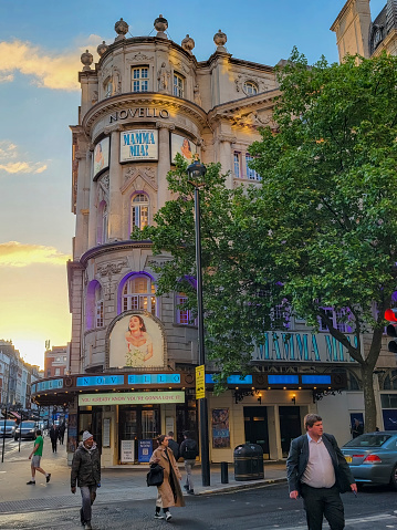 Novello Theatre with Mama Mia! playing, West End of London, England, UK.