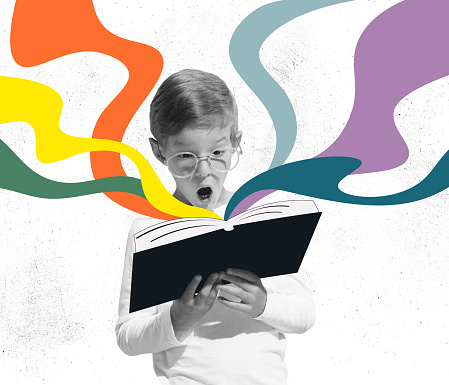 Adventure story. Surprised little boy with shocked expression reading book, story isolated over colorful background. Concept of education, childhood, imagination, artwork, inspiration and ad