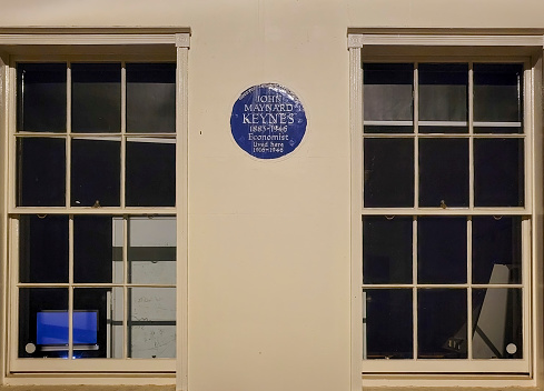 The house in London of John Maynard Keynes the world famous economist whose theories are still taught in schools. It is at 46 Gordon Square, Bloomsbury, London, WC1H 0PD, London Borough of Camden.