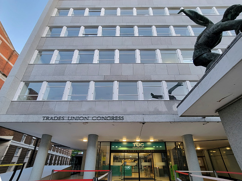 The Trades Union Congress building in Westminster, London, England. This is the entrance to Congress House.