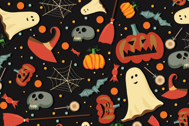 ilustrações de stock, clip art, desenhos animados e ícones de halloween pattern - pumpkin autumn pattern repetition