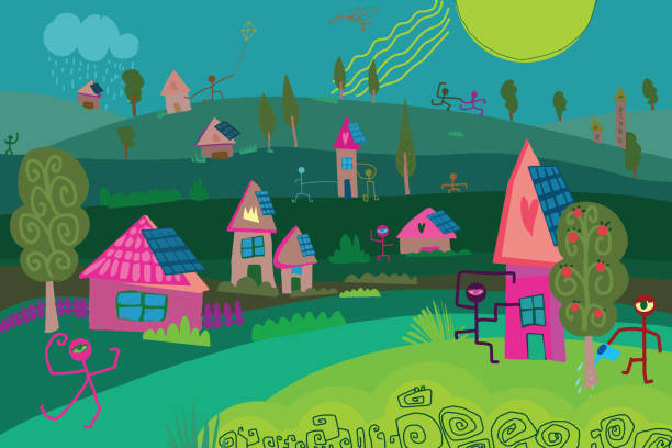ilustrações de stock, clip art, desenhos animados e ícones de sustainable village with solar panels - solar panels house