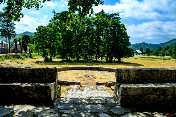istock Stone benches opposite Cetinje Monastery, Montenegro 1413622666