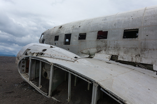 Solheimasandur plane wreck view. South Iceland landmark. Abandoned plane on beach