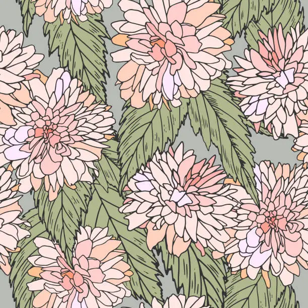 Vector illustration of Vintage gentle pattern with pink flowers and leaves