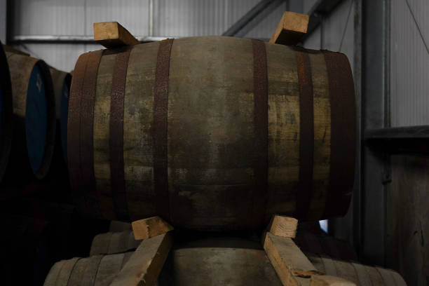 A whisky cask in a dunnage warehouse. stock photo