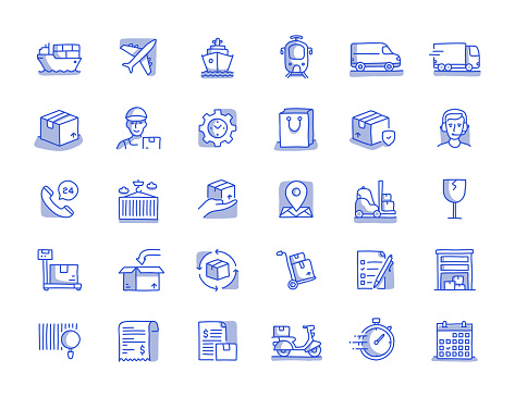 Delivery Elements Hand Drawn Line Icon Set