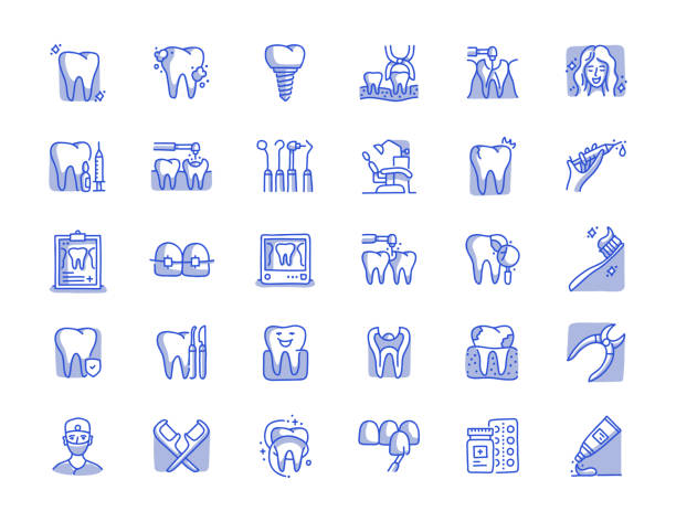 dental handgezeichnete linie symbol set - veneer stock-grafiken, -clipart, -cartoons und -symbole