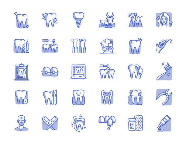 ilustrações de stock, clip art, desenhos animados e ícones de dental hand drawn line icon set - dental hygiene dental equipment brushing teeth dental floss