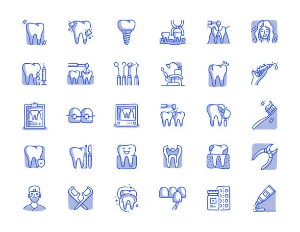 Vector illustration of Dental Hand Drawn Line Icon Set
