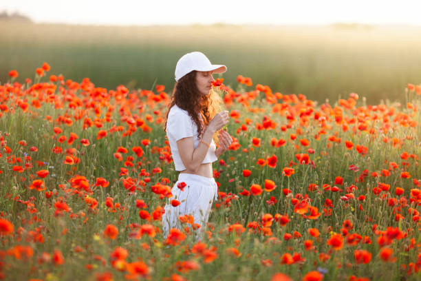mujer vestida de blanco olfateando una flor en el campo de amapolas al amanecer. comienza un nuevo día con placer. - poppy flower field red fotografías e imágenes de stock