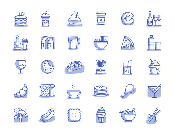 illustrazioni stock, clip art, cartoni animati e icone di tendenza di set di icone di linee disegnate a mano per cibi e bevande - food meat doodle dairy product