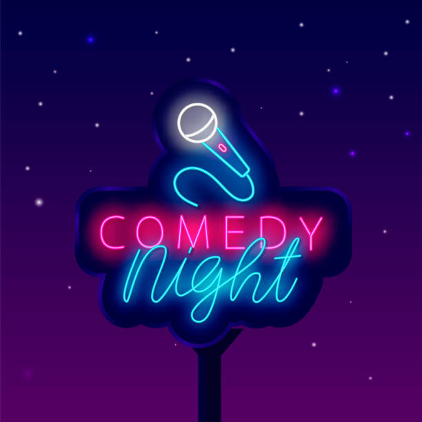 Comedy night neon billboard. Shiny street advertising. Microphone icon. Humorous performance. Vector illustration Comedy night neon billboard. Shiny street advertising. Microphone icon. Humorous performance. Light sign. Label for show. Outer glowing effect banner. Editable stroke. Vector stock illustration comedian stock illustrations