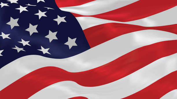 stockillustraties, clipart, cartoons en iconen met illustration of flying american flag, memorial day or constitution day of united states. closeup of waving flag, national flag of usa. vector of independence day of us, flowing flag of america - american flag