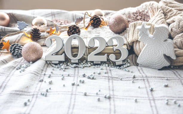istock Christmas cozy background with numbers 2023 and decor details. 1413630529