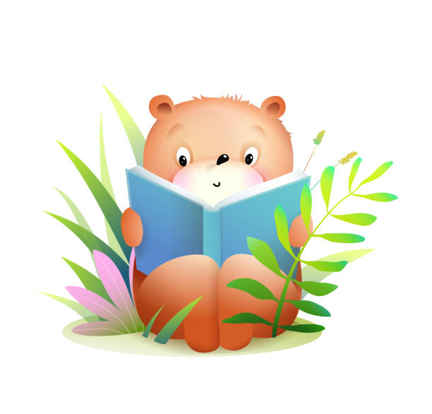 ilustrações, clipart, desenhos animados e ícones de bebê urso lendo livro na natureza clipart para crianças - old book illustrations