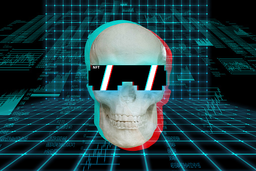 Digital art. Concept nft or non-fungible token. Holographic skull with glare glasses.
