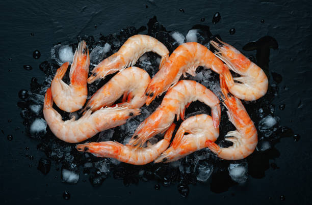 istock Food flat background, shrimp and ice on dark stone, top view 1413636754