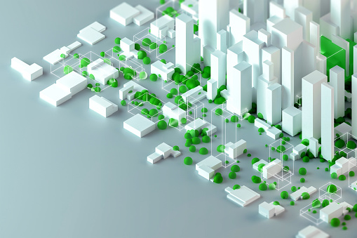 Urban planning project with office buildings and residential areas surrounded by green and trees. City management and real estate. Light gray background with copy space. Digitally generated image.