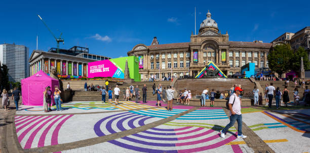 Victoria Square Festival Site during the 2022 Commonwealth Games in Birmingham Birmingham, UK - August 8, 2022.  A landscape view of The Commonwealth Games 2022 Festival Site in Victoria Square, Birmingham with the ancient British architecture of The Council House and Town Hall birmingham england photos stock pictures, royalty-free photos & images