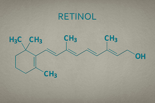 Vitamin A. Retinol 3d molecule on paper texture background. Skeletal formula of vitamin a. Recessed text in green and yellow.