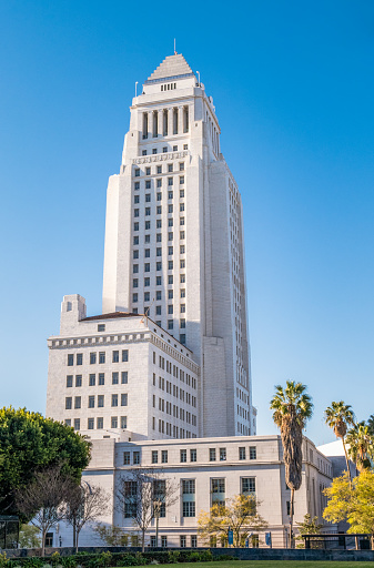 The distinctive exterior of City Hall in central Los Angeles, California.