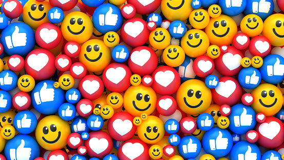 Social media icon background. Multicolor balls with smile face, heart and thumbs up symbols.