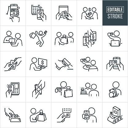 A set of point of sale icons that include editable strokes or outlines using the EPS vector file. The icons include a person tapping a pay button on smartphone to make payment, smartphone being used to tap and pay at register, credit card being used to make payment from tablet pc, shopper holding up credit card and retail shopping bag after making purchase, customer using credit card to make purchase to merchant at computer, shopper jumping for joy holding retail shopping bags and credit card after making purchase, retail associate giving customer purchased merchandise, mobile to mobile payment using smartphones, person at laptop making an online purchase using a credit card, person at desktop computer making an online purchase, customer handing a merchant a credit card for payment, person at restaurant paying for bill, credit card being used to make an online payment using smartphone, credit card being used to tap and pay at register, hands exchanging cash for payment, customer paying merchant at cash register, person using cash for payment, credit card being swiped to make a point of sale purchase, credit card being inserted into credit card reader at point of purchase, person using smartphone at point of purchase and grocery items on conveyor belt to be purchased.