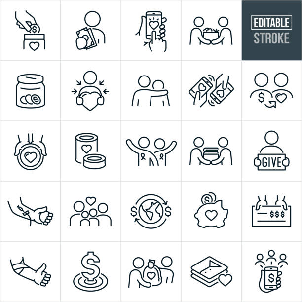 stockillustraties, clipart, cartoons en iconen met donating and giving thin line icons - editable stroke - schenking