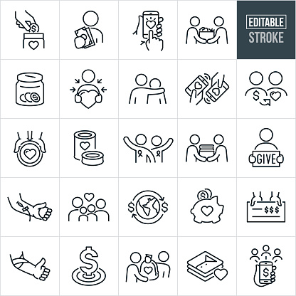 A set of donating and giving icons that include editable strokes or outlines using the EPS vector file. The icons include a hand putting coins in a donation jar, person donating by giving cash, person using an online app to make a donation from smartphone, person receiving food donation from a donor, donation jar full of coins, donation recipient holding heart, person with arm around a person in need, mobile to mobile donation, donor giving to person in need, hand holding out a plate with a heart on on it to indicate a charitable donation, canned food as a charitable donation, donors volunteering to donate and give, person giving a box of cloths to a person in need, philanthropist holding up a give sign, person donating blood, family in need, donations around the world, piggy bank receiving donations, hands giving a donation check, financial donation goal, donor giving person a bag of donated items, cloths as a donation and a smartphone being used to donate to a group of people.